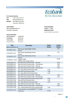 Download Cameroon Ecobank bank statement excel Photoshop template